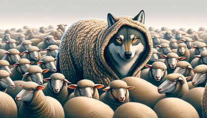 illustration of a wolf pretending to be a sheep. - obrazy, fototapety, plakaty