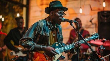 Musician playing guitar and singing into microphone on stage with band