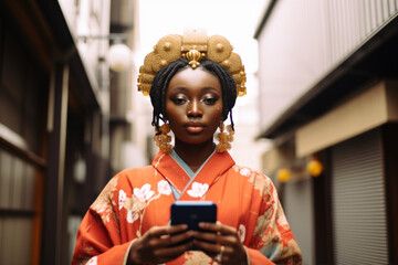 African Woman With Smartphone Vacationing in Tokyo - obrazy, fototapety, plakaty
