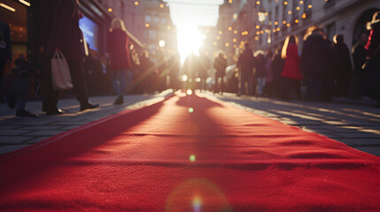 Red Carpet Rolling Out in Front of Glamorous Movie Premiere Event Venue, VIP Entrance with Luxurious Setting - Generative AI

 - obrazy, fototapety, plakaty