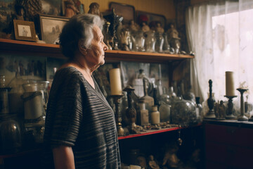 aging process and memory trouble of senior woman stand by the sideboard