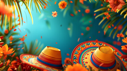 Mexican Sombrero hat with moustache or mustache, background with sombrero straw, ai generated