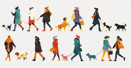 Fototapeta na wymiar crowd of tiny people walking with children or dogs, riding bicycles, standing, talking, running. Cartoon men and women performing outdoor activities on city street. Flat colorful vector illustration