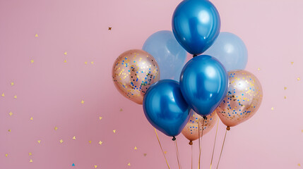 Blue Gold Foil Balloons on a Pastel Pink Background, Elegant Party Decoration with Shiny Metallic Balloons - Generative AI

