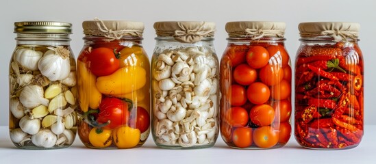 Variety of fresh vegetables stored in glass jars on a wooden shelf in a rustic kitchen