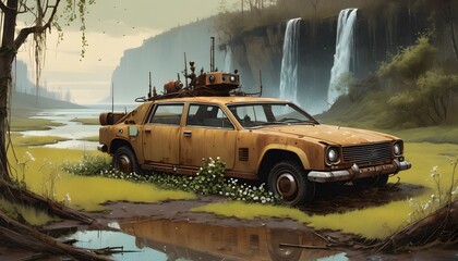 Nature envelops an abandoned car, its yellow paintwork fading into the background of a tranquil and verdant landscape.