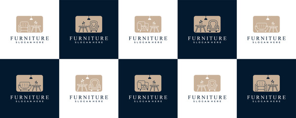 set of minimalist room interior logo furniture chairs and tables design vector