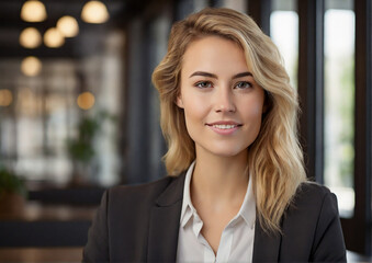 Fototapeta premium Smiling young businesswoman portrait shot, businesswoman looking away with pensive face, dreaming, thinking over project tasks, future lifestyle. Generative AI