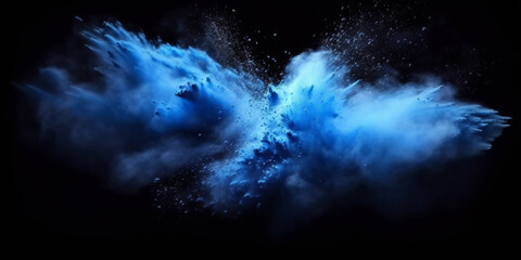 a blue splash painting on black background, blue powder dust paint blue explosion explode burst isolated splatter abstract. blue smoke or fog particles explosive special effect