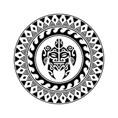 Round tattoo ornament with turtle maori style. African, aztecs or mayan ethnic style. Black and white.