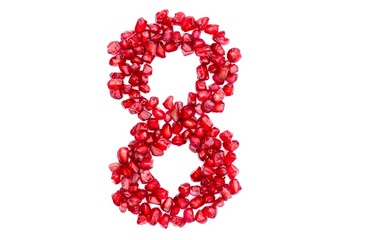 Eight or 8 Number Written with Pomegranate Seeds Isolated on White Background
