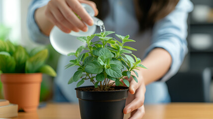 Person Watering a Small Green Plant in a Pot at Home, Gardening Hobby Indoors, Caring for Houseplants - Generative AI

