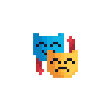Carnival mask for masquerade costume pixel art icon, emoji. Performing arts. Greeting card design. Isolated vector illustration. Game assets 8-bit sprite. Design for stickers, web, mobile app.