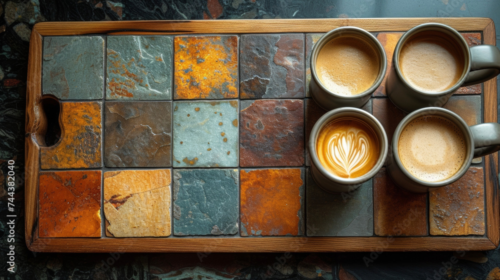 Poster a topdown image of a tiled kitchen countertop with a freshly applied layer of grout shining between 