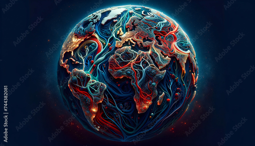 Poster the continents and oceans of the world through a unique, artistic representation that mimics the int