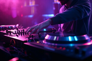 american dj working with sound, spinning turntable records at a night club party - obrazy, fototapety, plakaty