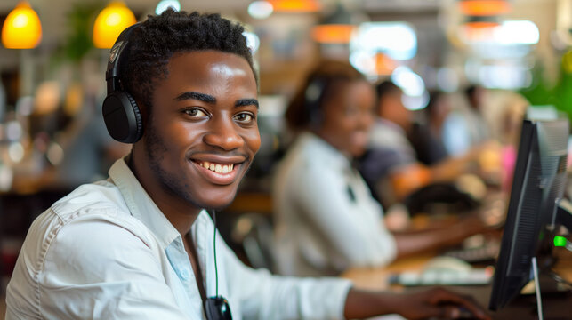 Friendly African American Customer Support Specialist with Headset at Workstation
