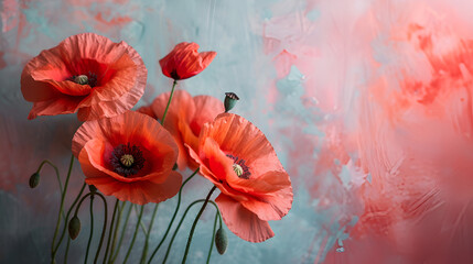 Red Poppy Flowers on Pastel Background, Remembrance Day Floral Tribute, Symbol of Memorial and Honor - Generative AI

