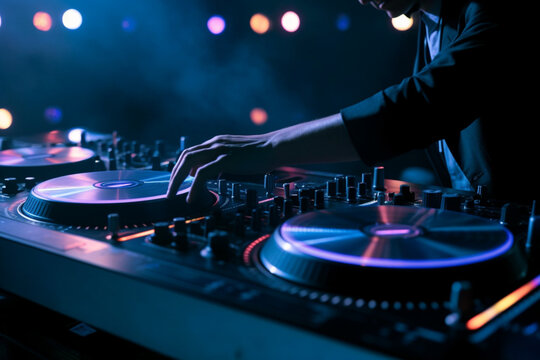 american dj working with sound, spinning turntable records at a night club party
