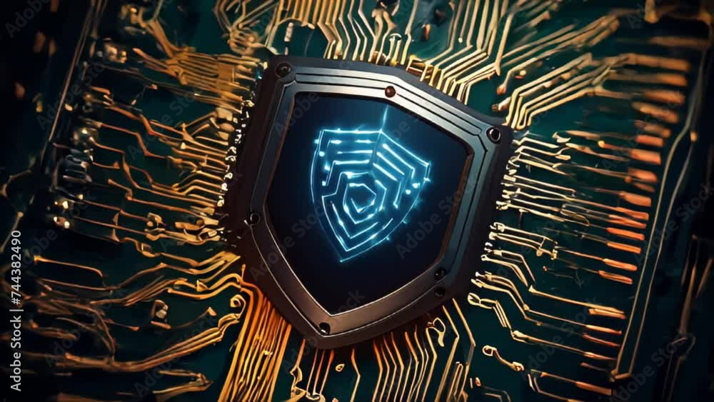 Poster golden circuit shield design with seamless technology pattern and digital motherboard elements in ar