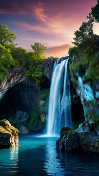 Serene Jungle Cascade: A mesmerizing image capturing a waterfall in the lush green forest, where the river gracefully flows over rocks, creating a picturesque scene in the heart of nature