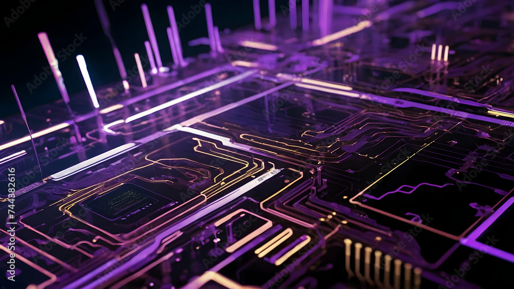 Poster blue electronic circuit board with integrated microchips and technology components in a networked de