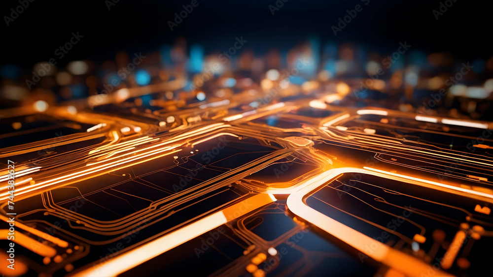 Poster digital sound network: a vibrant electronic circuit board with computer technology, lights, and musi