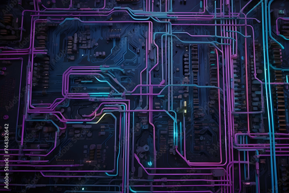 Poster digital technology network: illustration of a computer circuit board, showcasing electronic componen