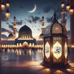Islamic lantern on mosque background, for ramadhan, eid al fitr and adha. copy space