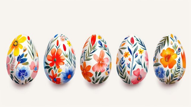 Delicately painted Easter eggs stand out against a clean white background, showcasing intricate patterns and vibrant colors.