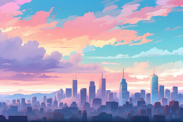 City Skyline Sunset and Sunrise Illustration - obrazy, fototapety, plakaty
