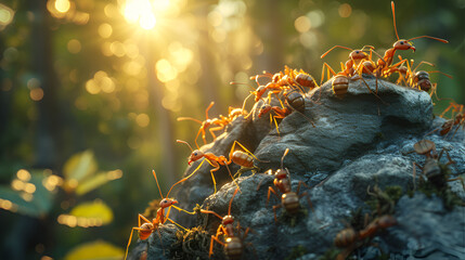Close-Up Group of Ants Standing on Top of a Rock, Insect Macro Photography of Ant Colony - Generative AI

 - obrazy, fototapety, plakaty