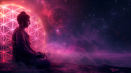 Cosmic Buddha Meditating on the Flower of Life - Lotus, Spiritual Enlightenment and Harmony with Universe - Generative AI

