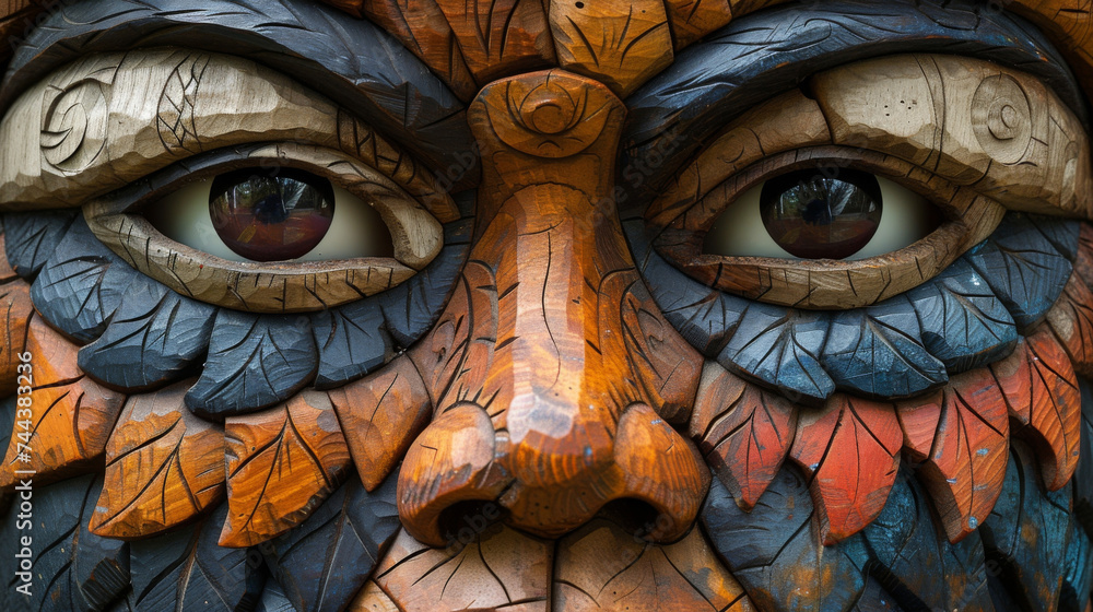 Poster texture of a handcarved wooden mask showcasing the different textures and patterns created by the sk