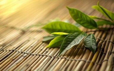 green leaves on bamboo mat