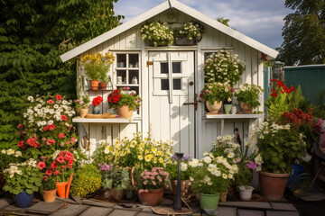 Fototapeta na wymiar an allotment garden filled with plants and flowers. a white wooden shed with window in the background
