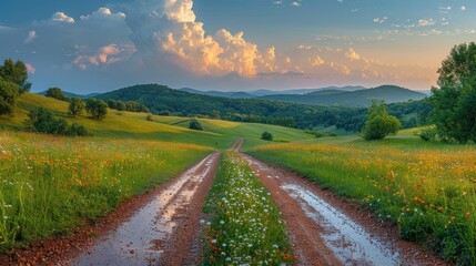 Panoramic landscape of central Russia agricultural countryside with hills and country road. Summer landscape of the Samara valleys. - obrazy, fototapety, plakaty