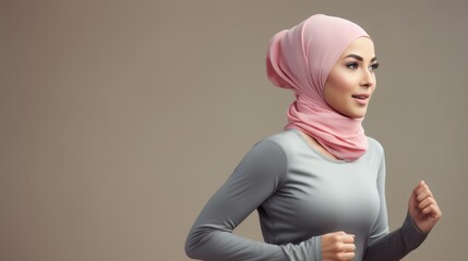 The photo of a stylish woman in a tracksuit and turban symbolizes diversity and promotes a Middle Eastern healthy lifestyle through running. - obrazy, fototapety, plakaty