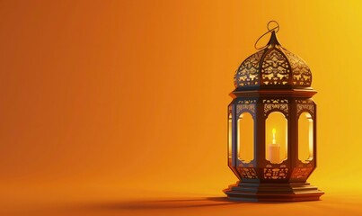 dark ramadan kareem traditional islamic festival religious background, ramadan social media banner or instagram post background with big lantern on orange background and copy space