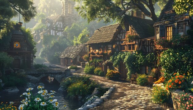 Village house in fantasy style, painting style, generated by AI