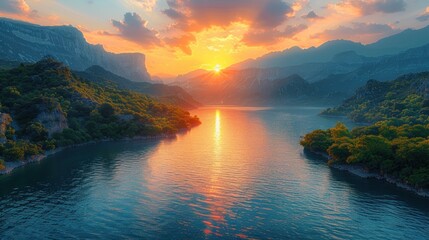 Sunset over the lake. Amazing panorama landscape, Panoramic view of sunrise over the lake in nation park