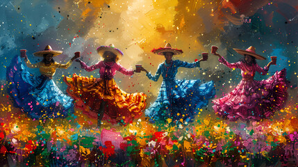 festivals celebrated in Portugal, folklore group posing, Women dancing and wearing traditional folk costumes, ai AI-generated - obrazy, fototapety, plakaty