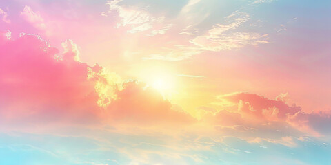 Obraz premium landscape rainbow pastel colored sky with sun and clouds , sunset sky, banner panorama design