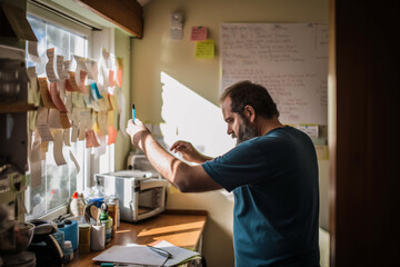 an organised man in a small home-office writes reminders on a wall-mounted white board - obrazy, fototapety, plakaty