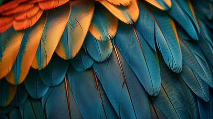 Close Up to Bright Colorful Feathers Background, Abstract Feather Texture Pattern, Vibrant Plumage Closeup, Exotic Bird Plumage Detail, Colorful Bird Feathers Wallpaper, Generative AI

