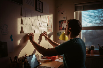 an organised man in a small home-office writes reminders on a wall-mounted white board - obrazy, fototapety, plakaty