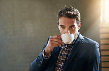 Businessman, coffee shop and drinking while thinking in morning for corporate enterprise career,...