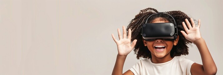 African American Kid Girl Wearing VR Headset, Enjoying Virtual Reality Experience on Gray Background with Studio Lighting. Horizontal Large Banner with Empty Copy Space