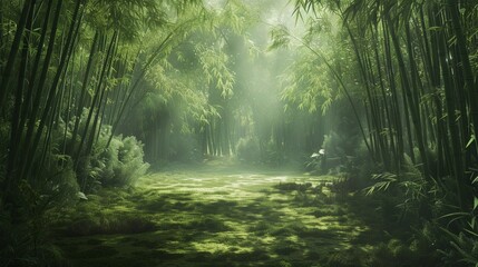 A tranquil bamboo grove with sunlight filtering through the dense foliage, casting shadows on the peaceful forest floor.