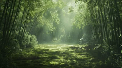 Foto op Plexiglas A tranquil bamboo grove with sunlight filtering through the dense foliage, casting shadows on the peaceful forest floor. © balqees